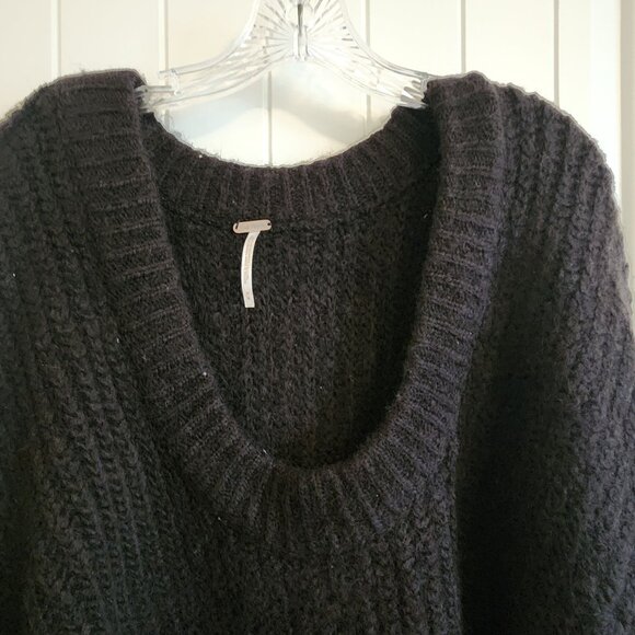 Free People Black Knit Oversized V neck Sweater Medium - Picture 2 of 8